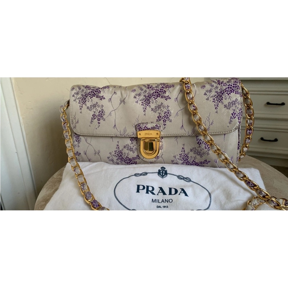 Prada Cream and Purple Floral Shoulder Bag